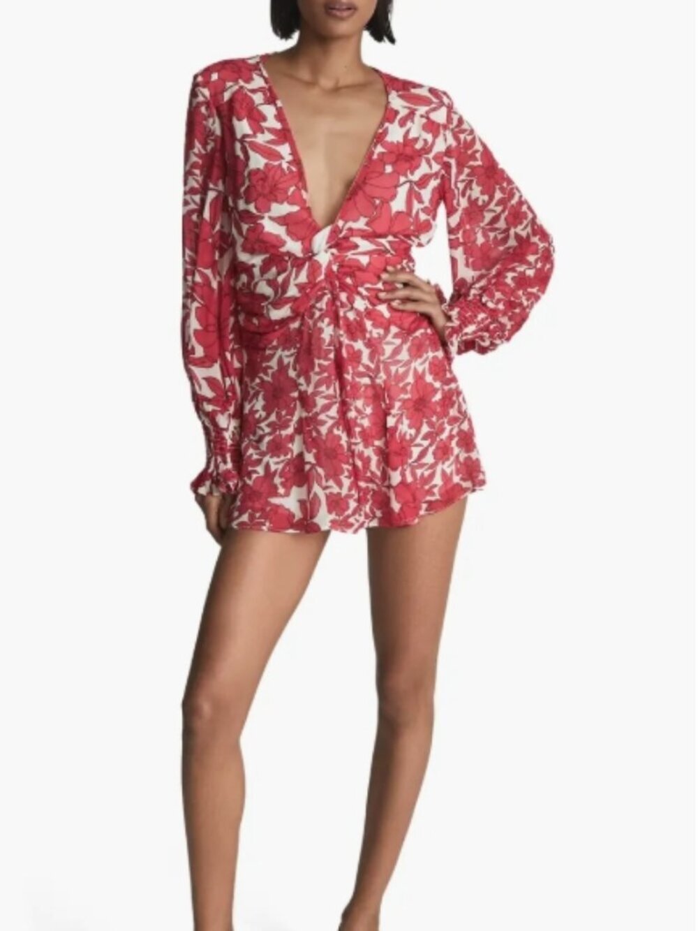 REISS Summer Floral Plunge‑Neck Long‑Sleeve Romper, Size 6, NWT